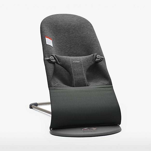 BabyBjörn charcoal baby bouncer with safety harness shown on a plain white background.