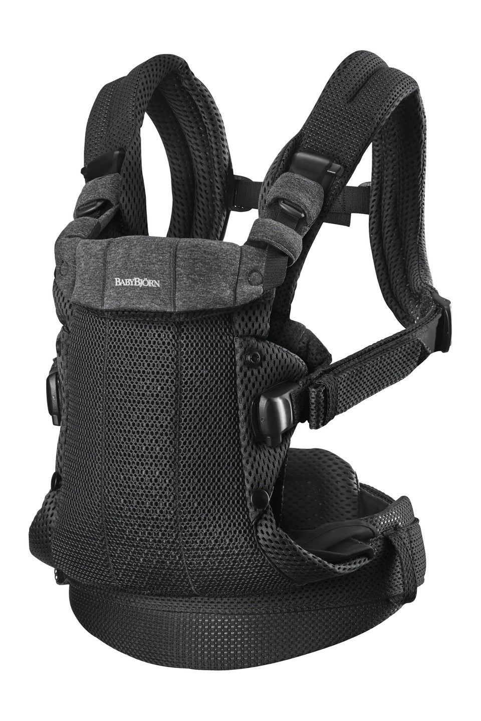 Black mesh baby carrier with adjustable padded straps and sturdy buckles for ergonomic support