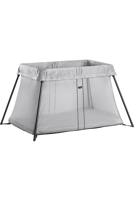BabyBjörn Play Yard Light Silver shown assembled with mesh sides on a plain background.