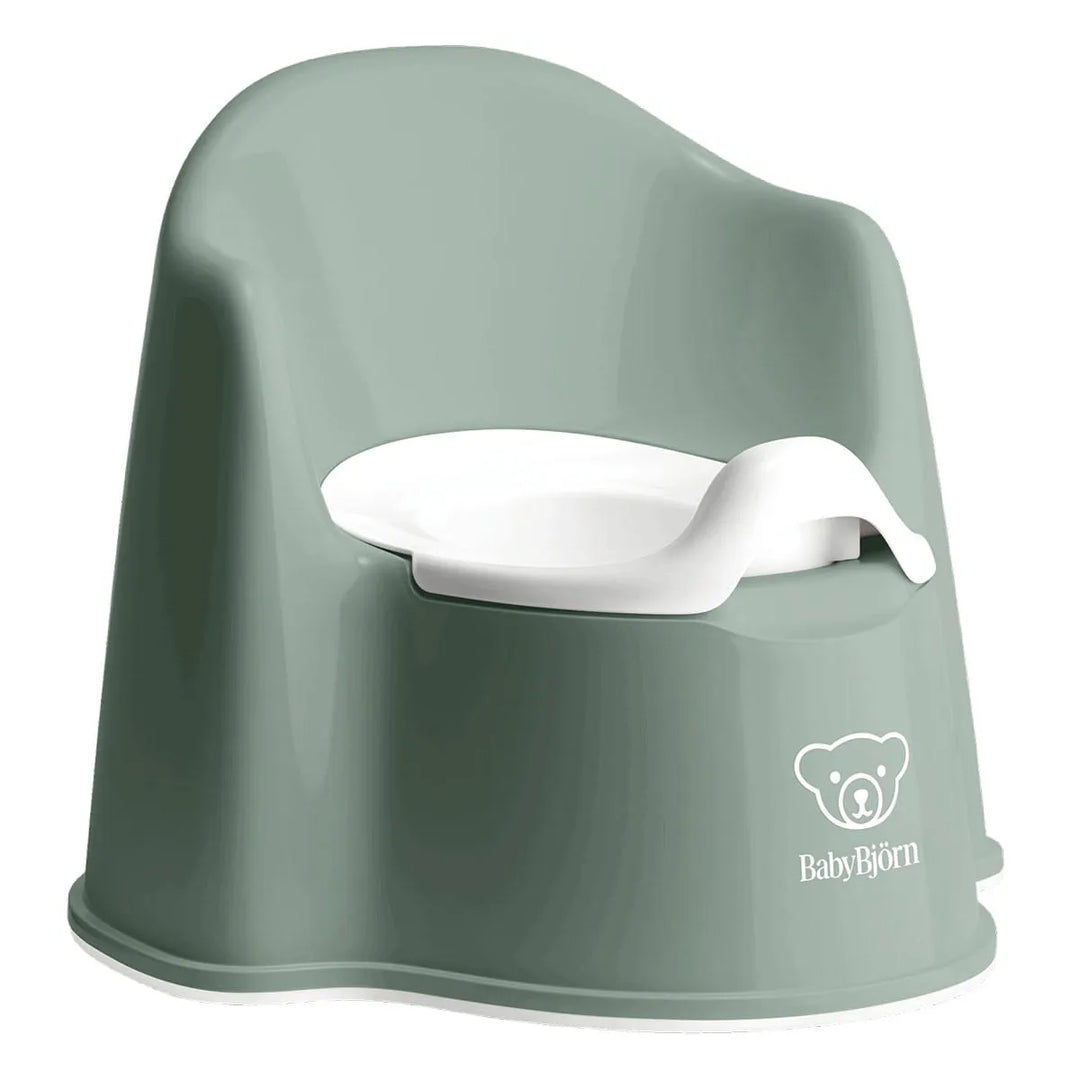 Deep green baby toddler potty chair with high back and splash guard, suitable for potty training
