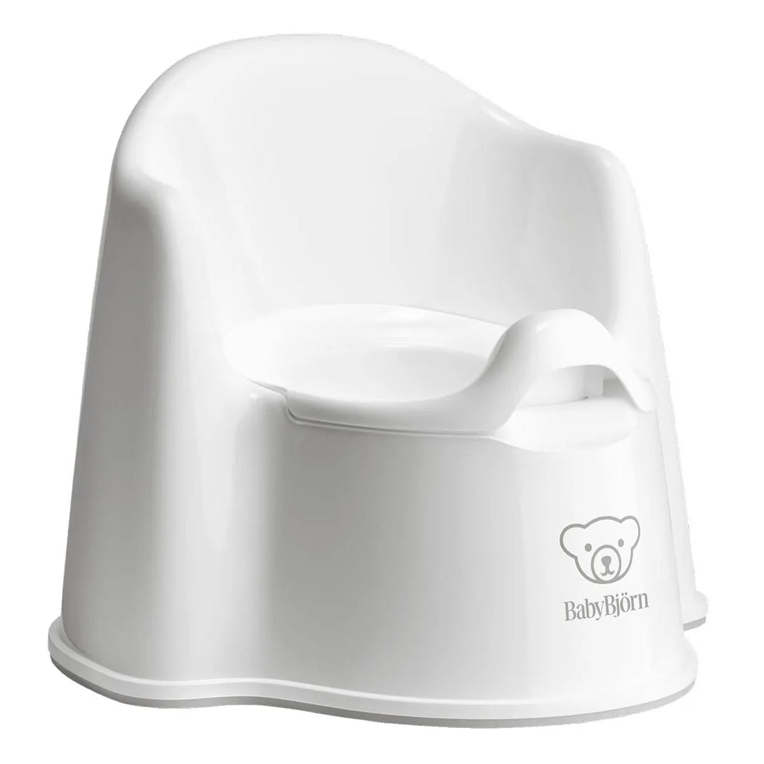 White and grey baby toddler potty chair with high back and splash guard, suitable for potty training