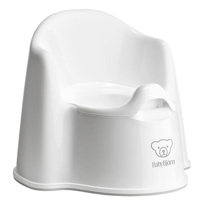 White and grey baby toddler potty chair with high back and splash guard, suitable for potty training