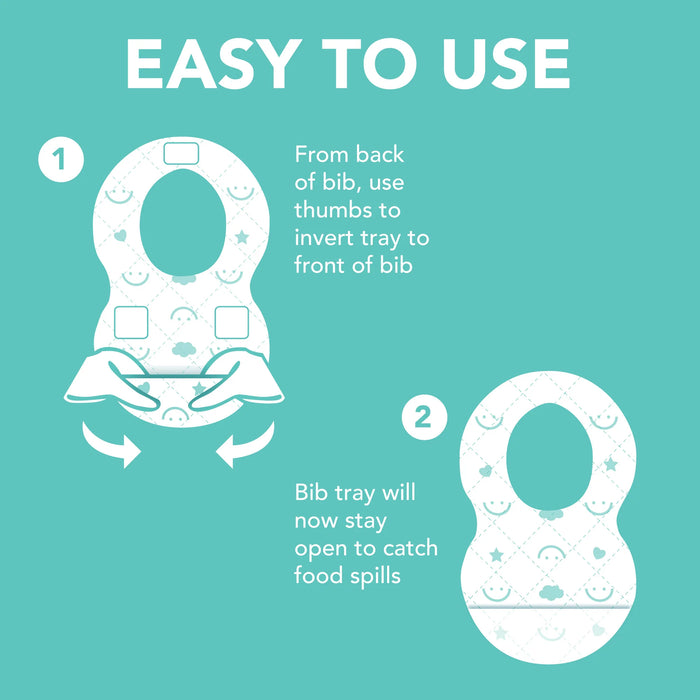 Babyworks biodegradable disposable baby bibs with illustrated steps for easy tray setup.