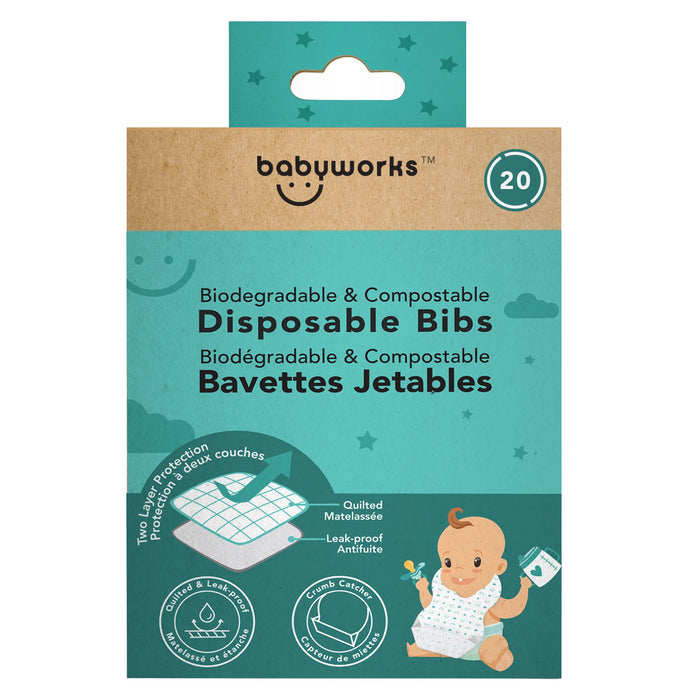 babyworks biodegradable disposable baby bibs package with illustration of a baby wearing a bib on the front.