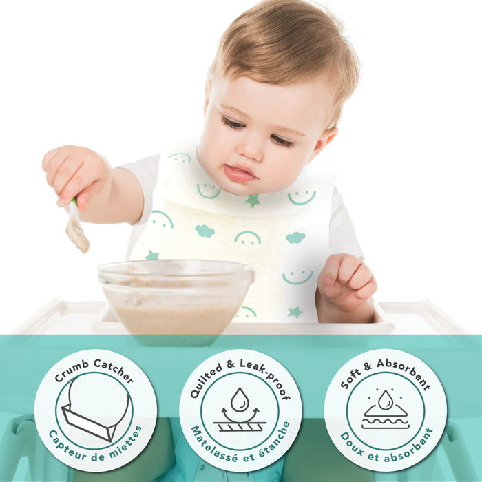 Babyworks biodegradable disposable baby bib on a baby eating at a high chair with icons showing features.