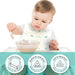 Babyworks biodegradable disposable baby bib on a baby eating at a high chair with icons showing features.