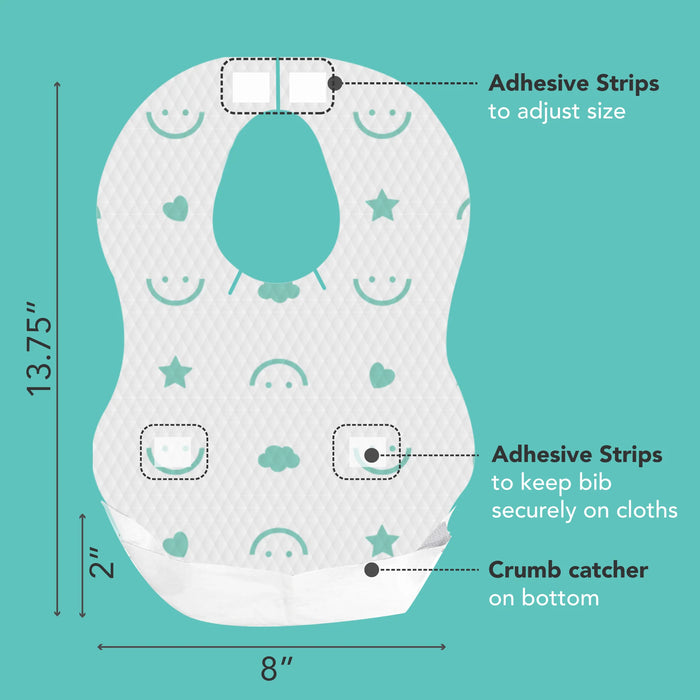 Babyworks biodegradable disposable baby bib with adhesive strips and crumb catcher on a teal background.