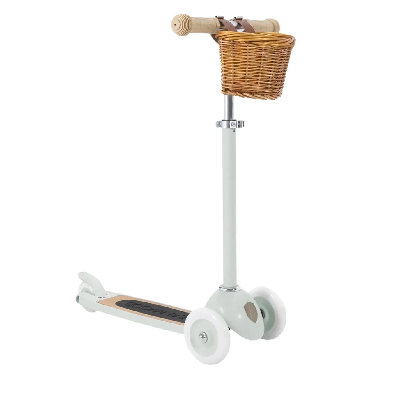 Banwood 3 wheel scooter for kids with wicker basket shown on a white background.