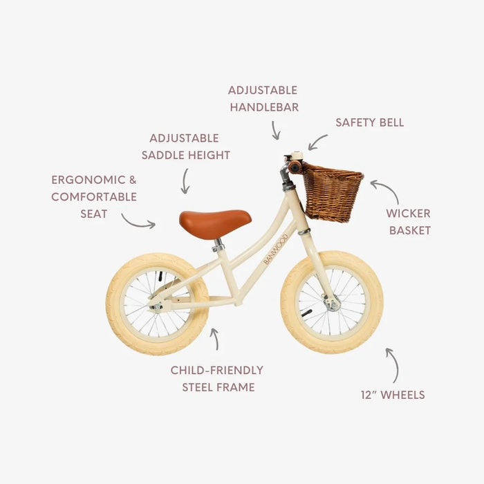 Banwood First Go 12" Balance Bike with Wicker Basket – Kids Training Bicycle