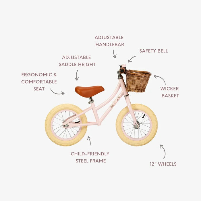 Banwood First Go 12" Balance Bike with Wicker Basket – Kids Training Bicycle