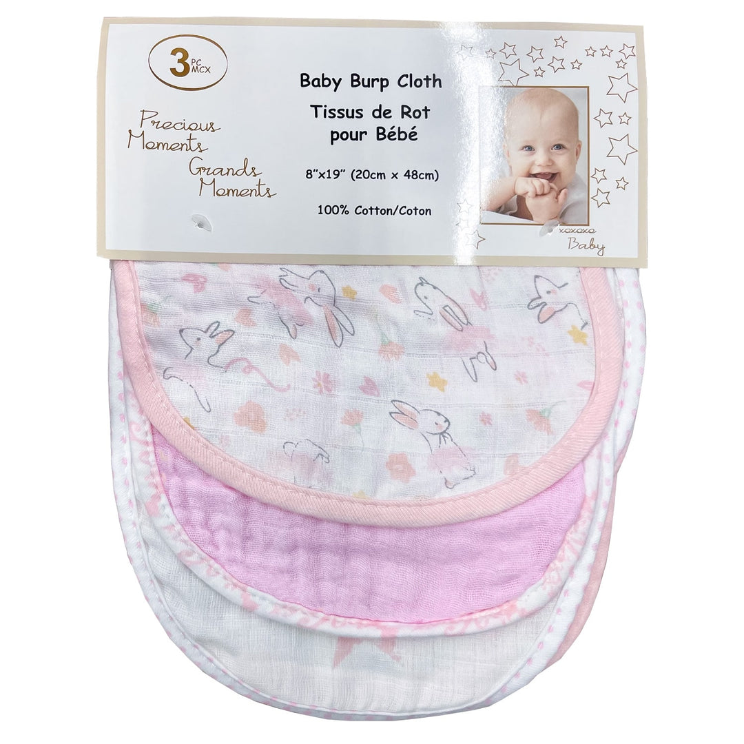 Set of three baby burp cloths with pink bunny and star patterns, 100% cotton.