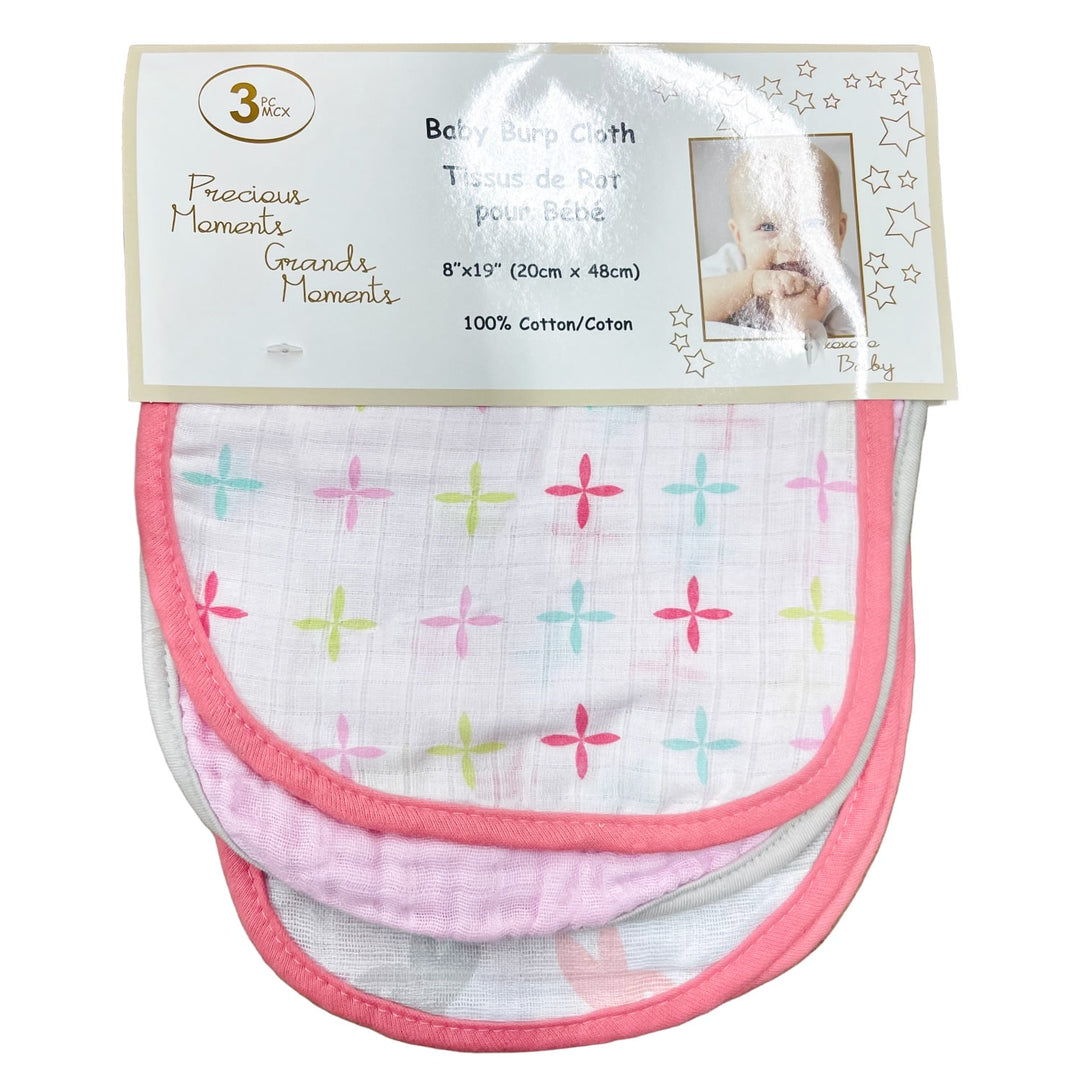 Pack of three cotton baby burp cloths with pink trim and colorful pinwheel pattern.
