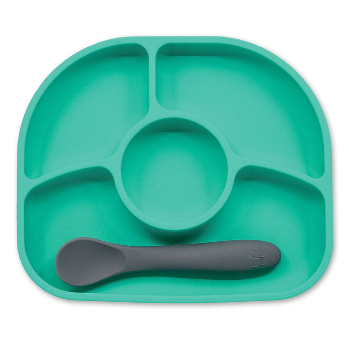 Aqua silicone baby divided plate with gray silicone spoon, ideal for feeding infants.