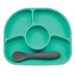 Aqua silicone baby divided plate with gray silicone spoon, ideal for feeding infants.