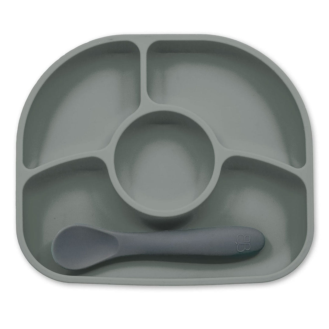 Grey silicone divided baby feeding plate with matching grey silicone spoon