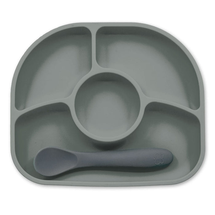 Grey silicone divided baby feeding plate with matching grey silicone spoon