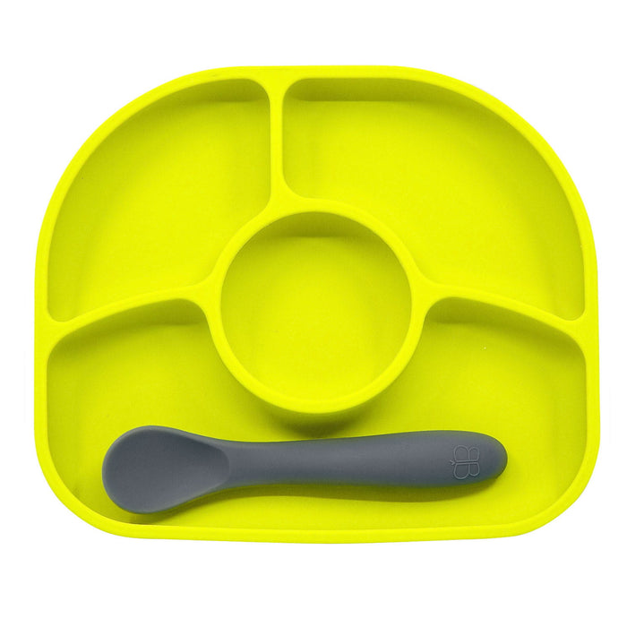 Lime green silicone baby divided plate with gray spoon, kids feeding set