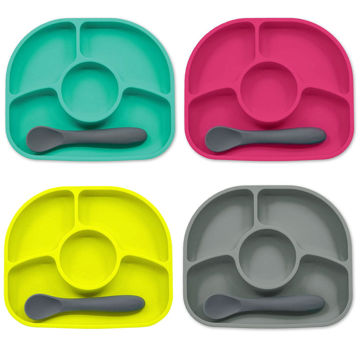Set of four colorful silicone baby divided plates with matching spoons, top view.
