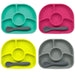 Set of four colorful silicone baby divided plates with matching spoons, top view.