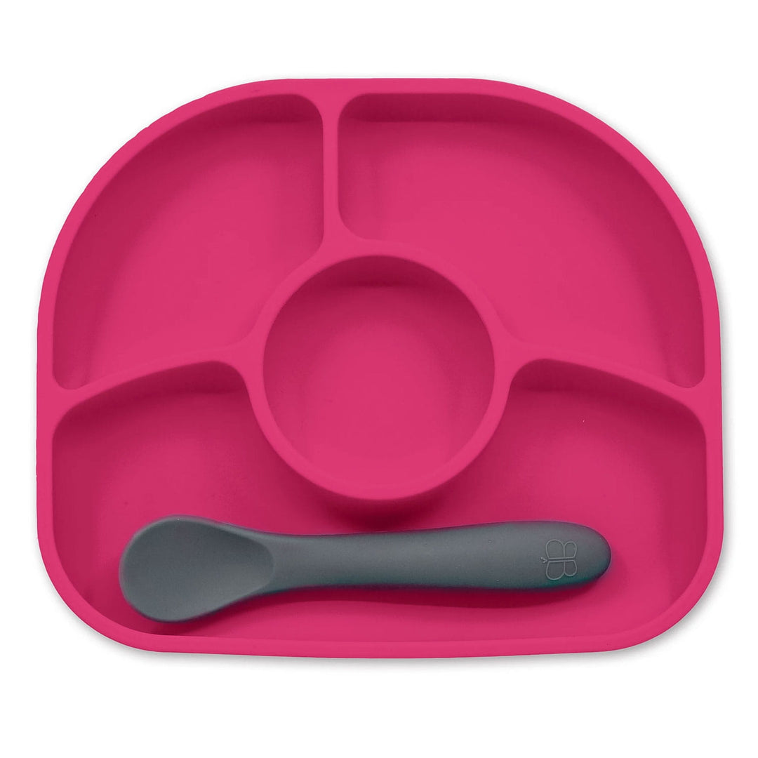 Pink silicone baby divided plate with matching feeding spoon, sectioned for toddlers