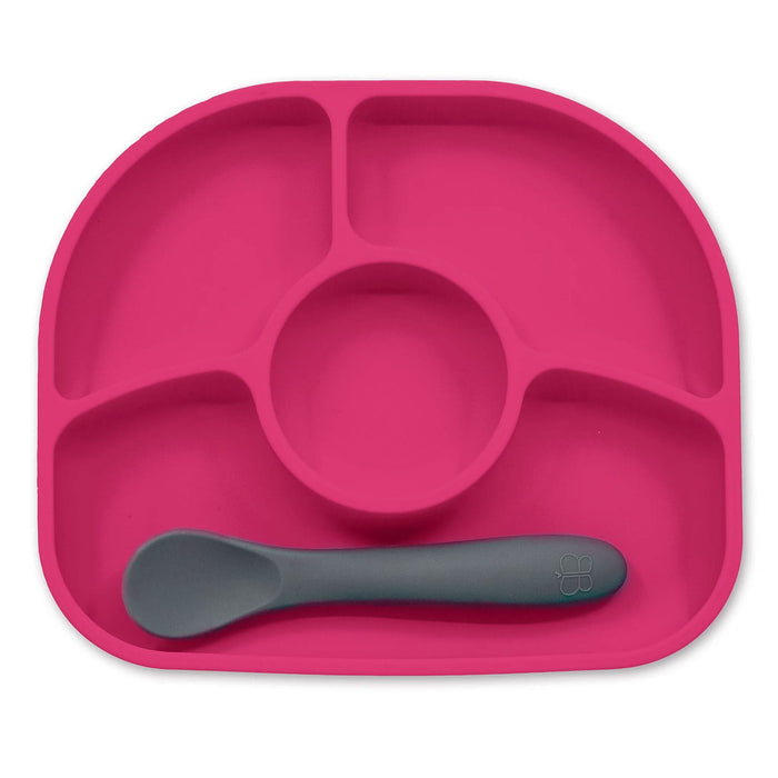 Pink silicone baby divided plate with matching feeding spoon, sectioned for toddlers