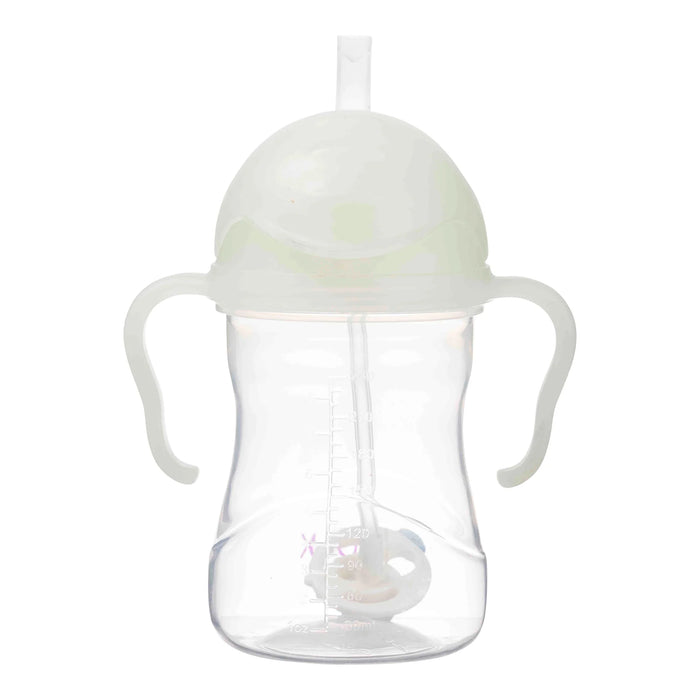 bbox baby toddler sippy cup glow in the dark shown upright with handles and straw on white background.