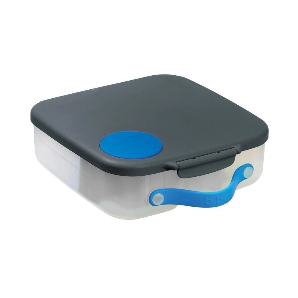 bbox child mini lunchbox blue slate shown closed with a grey lid and blue handle on a white background.