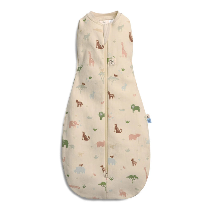 Bbox Cocoon Swaddle Sac 0.2 TOG in oatmeal daisies savannah print shown flat with animal pattern.