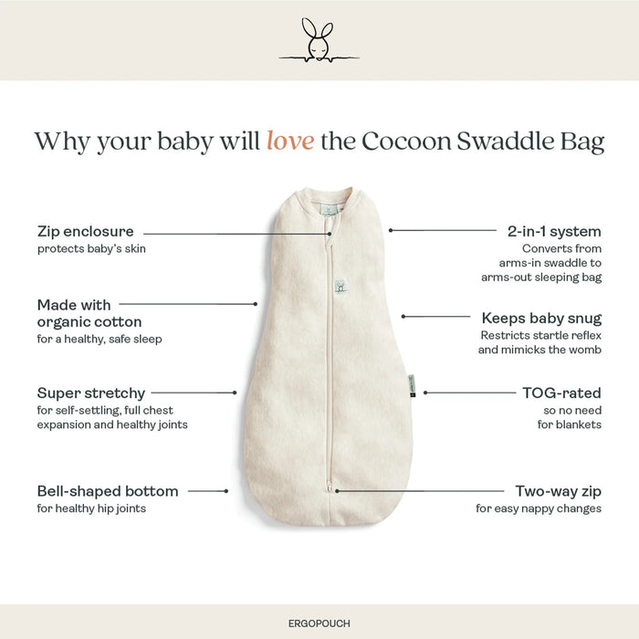 Bbox Cocoon Swaddle Sac 0.2 TOG in oatmeal daisies shown flat with labeled features and zip closure.
