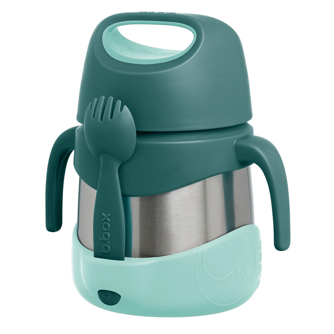 b.box insulated food jar 335ml in emerald forest with attached spork, shown upright on white background.