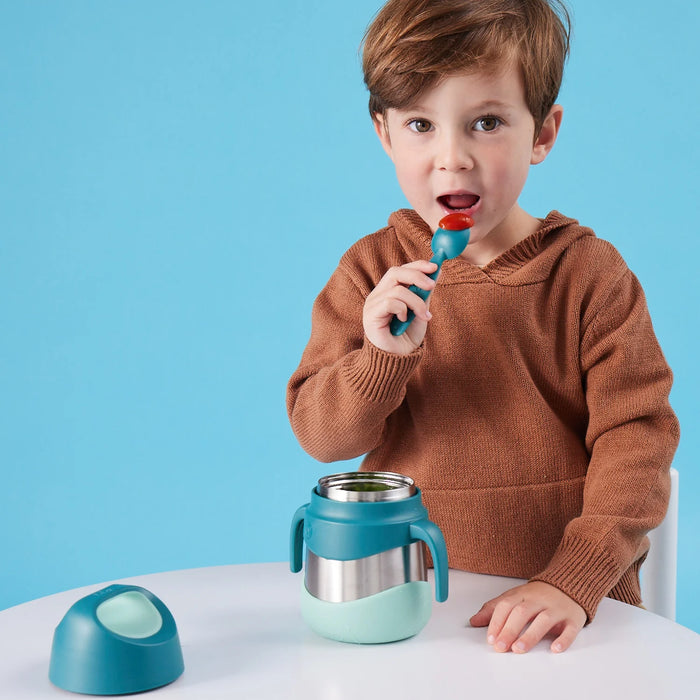 b.box insulated food jar 335ml emerald forest being used by a child at a table