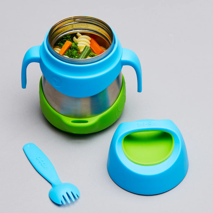 bbox insulated food jar 335ml Ocean Breeze with handles, lid, and spork on a gray background.