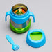 bbox insulated food jar 335ml Ocean Breeze with handles, lid, and spork on a gray background.