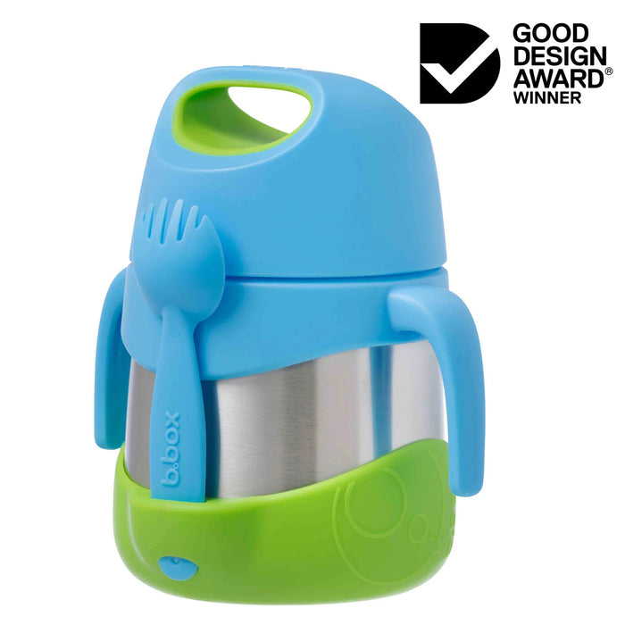 bbox insulated food jar 335ml Ocean Breeze with blue lid, green base, and attached spork on white background.