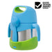 bbox insulated food jar 335ml Ocean Breeze with blue lid, green base, and attached spork on white background.