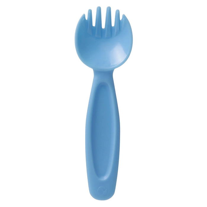 Blue kids' spork utensil shown upright on a plain white background.