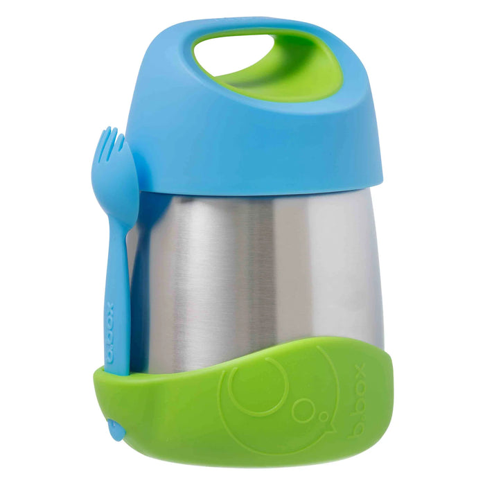 b.box insulated food jar 335ml in Ocean Breeze with blue lid and spork, shown upright on white background.