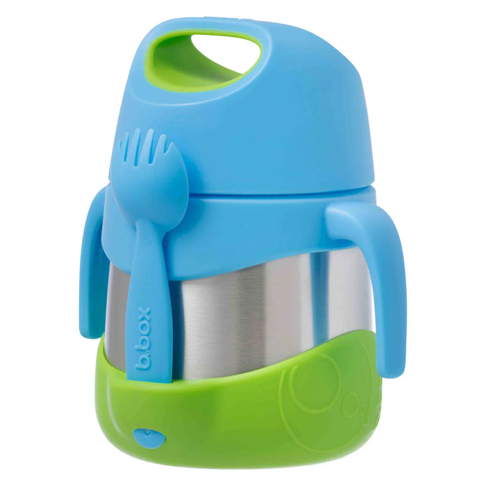b.box insulated food jar 335ml Ocean Breeze shown upright with blue lid, spork, and green base.