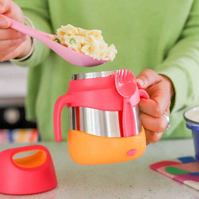 bbox insulated food jar strawberry shake held by hand with pasta being spooned inside