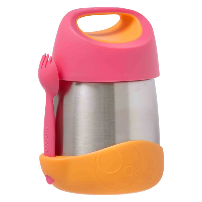 b.box insulated food jar Strawberry Shake with pink lid, orange base, and matching spork, shown upright