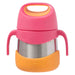 bbox insulated food jar in strawberry shake color with pink and orange handles shown upright on white background.