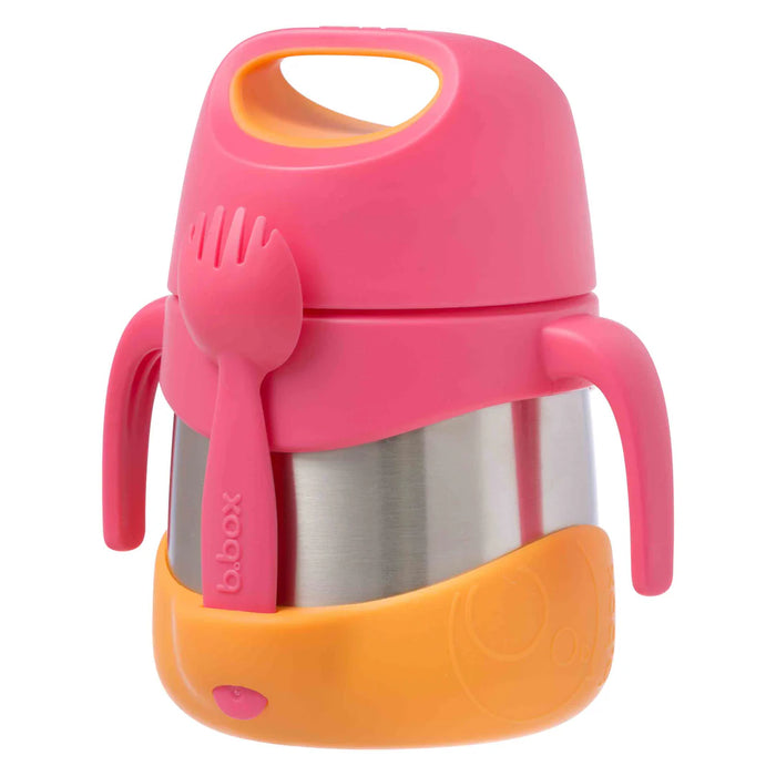 bbox insulated food jar strawberry shake with pink lid, orange base, and matching spork attached.