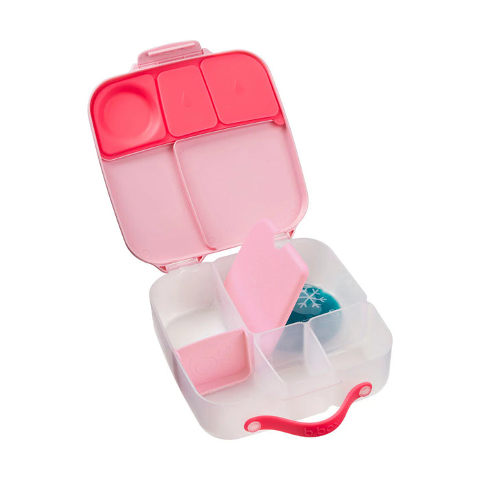 Bbox lunchbox Flamingo Fizz shown open with pink compartments and ice pack inside.