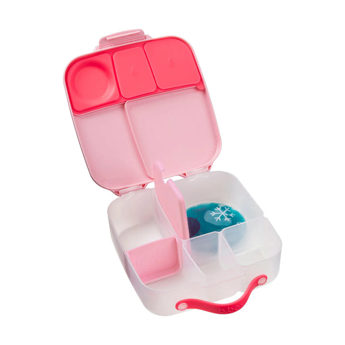 b.box lunchbox Flamingo Fizz open to show pink compartments and a blue ice pack insert.