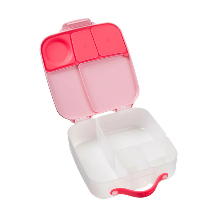 b.box lunchbox Flamingo Fizz open to show pink compartments and divided interior on white background.