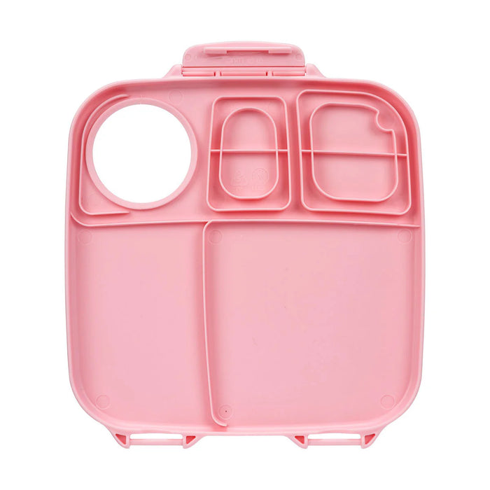 bbox lunchbox Flamingo Fizz open with multiple pink food compartments, viewed from above.
