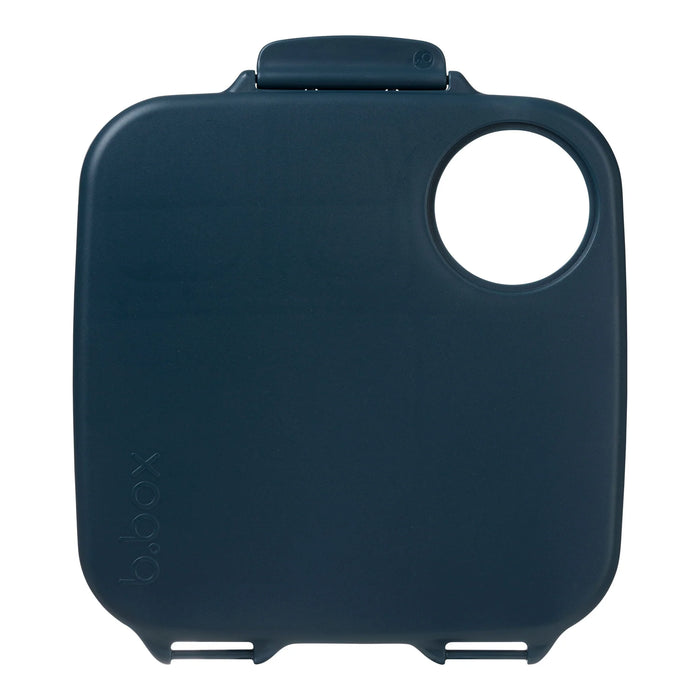 b.box lunchbox in indigo rose color shown closed with a circular window on the lid.