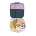 b.box lunchbox indigo rose open with sandwich, banana, popcorn, cereal, and yogurt with blueberries inside.
