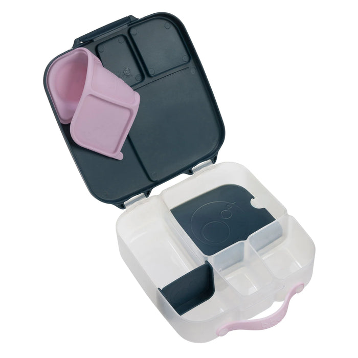 b.box lunchbox indigo rose open to show divided compartments and removable inserts