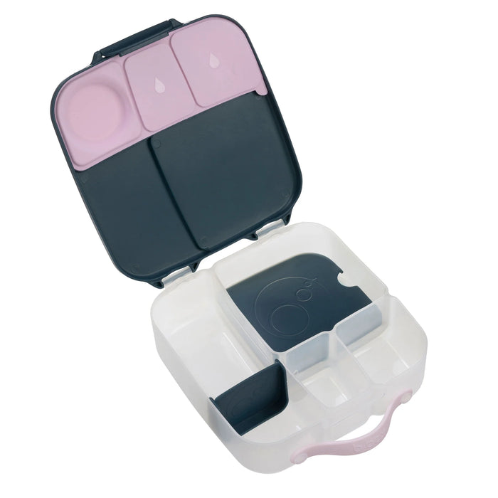 b.box lunchbox in indigo rose open to show divided compartments and pastel-colored lid sections.